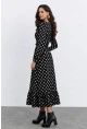 Puantiye Desenli Bağlama Detaylı Uzun Kol Midi Elbise – Siyah
