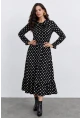 Puantiye Desenli Bağlama Detaylı Uzun Kol Midi Elbise – Siyah