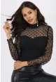 Puantiye Tül Detaylı Yarım Balıkçı Yaka Siyah Bluz