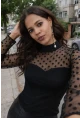 Puantiye Tül Detaylı Yarım Balıkçı Yaka Siyah Bluz