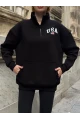 USA College Siyah Fermuarlı Oversize Sweatshirt