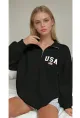 USA College Siyah Fermuarlı Oversize Sweatshirt