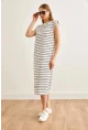 Vatkalı Çizgili Midi Elbise Beyaz