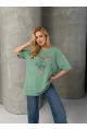 Venice Beach Baskılı Oversize Kadın Tişört – Mint Yeşil
