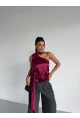 Yaka Detay Saten Bluz Bordo